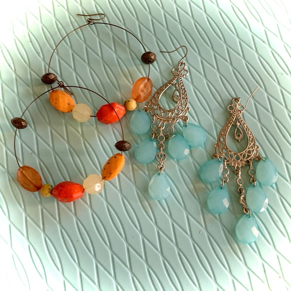 Earrings Boho Vintage - Blue Bead Chandelier Dangles & Big Hoop Earrings - Picture 4 of 6